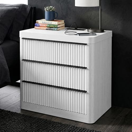FUSUNBAO Fluted Night Stand with Charging Station,3 Drawers Large End Table with Storage,Natural Nightstand Wood Bedside Tables,Farmhouse Cabinet Dresser for Bedroom,Sofa Table(White Oak) - Image 1