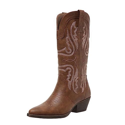 SelRoys Cowboy Boots for Women Cowgirl Mid Calf Western Boots Embroidered Stitched Pointed Toe Chunky Block Heel Brown Red Black US5-11, brown, 9 - Image 1