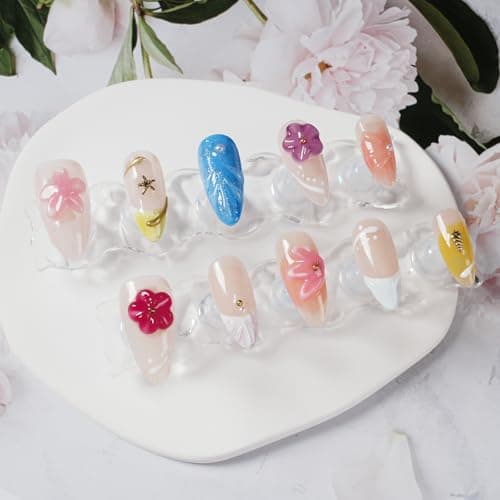Tesytto Handmade Press on Nails 3D Floral Carved Medium Almond Fake Nails French Tips, Multi-Layer Gel Acrylic Nails for Women Nail Art (Sheer Floral Glow,M) - Thumbnail 3