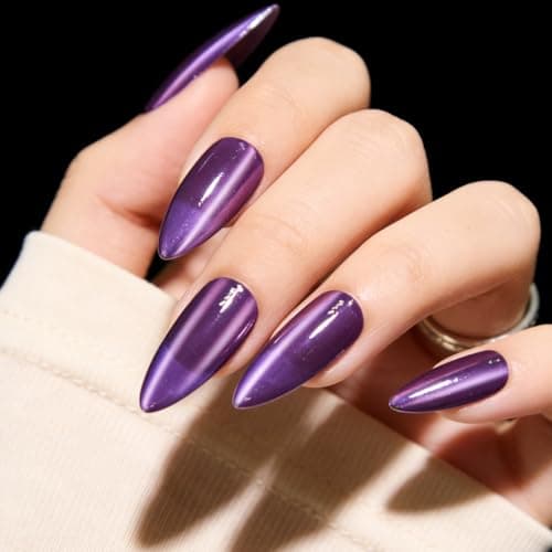 Cat Eye Press on Nails Medium, Fashion Purple Glitter Press on Nails, Soft Gel Fake Nails, Reusable & Natural Acrylic False Nails, Stick on Nails for Women Gift, Glue on Nails Kit 30 Pcs - Thumbnail 2