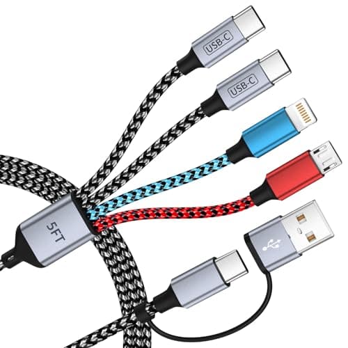 4 in 2 Multi Charging Cable, [Dual Type-C Port][5FT] USB A/C Charging Cables for Multiple Devices with IP/Micro/iPhone 17 Port, Universal USB C Cable Phone Charger Cord for iPhone 16-12, Tablet Pad - Image 1