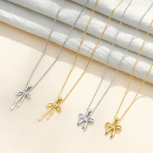 Fezodo Bow Necklace for Women Girls - Silver Bow Pendant Necklace Teen Girls Gifts Trendy Stuff Valentines Day Christmas Birthday Day Gifts for Girl Kids Jewelry - Thumbnail 6