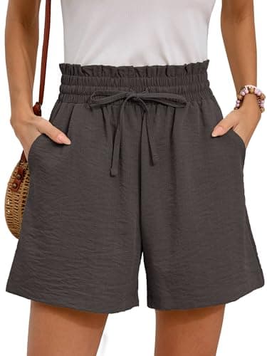 Moodclo High Waisted Wide Leg Shorts Smoky Gray Medium with Pockets Ladies Comfy Linen Work Summer Casual Drawstring Beach Vacation 2026 Trendy Outfits - Image 1