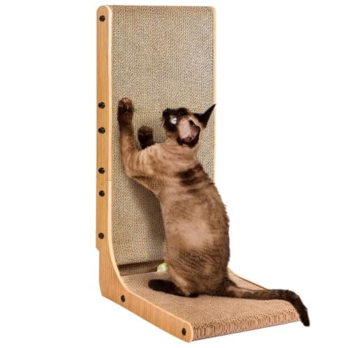 EHEYCIGA Cardboard Cat Scratcher for Indoor Cats, 26.8 Inch L Shaped Vertical Cat Scratching Board with Ball Cat Toy, Large Cat Scratcher Pad, Brown - Image 1