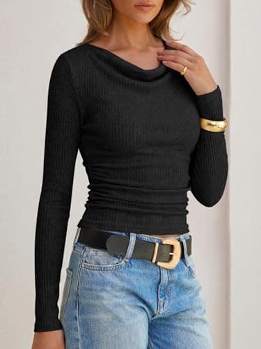 ANRABESS Womens Cowl Neck Long Sleeve Shirts,Soft Ribbed Knit Crop Tops with Side Ruched,Casual & Going Out Tshirts for Fall Black Large - Thumbnail 3