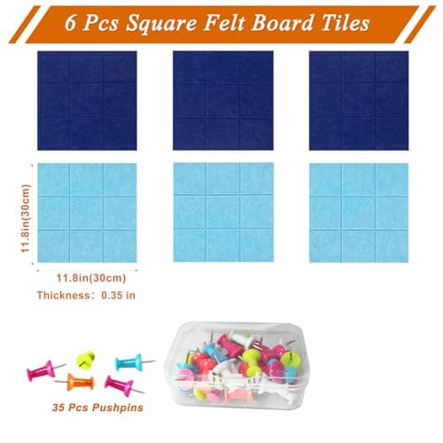 HULAVO Large Square Felt Cork Board Tiles, Self Adhesive DIY Felt Bulletin Board with 35 Pushpins for Office School Home Wall Decor Stickers Memos (Dark Blue & Sky Blue) - Thumbnail 4