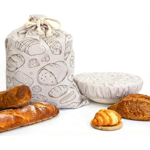 Verigud Large Reusable Linen Bread Bag and 10'' Bowl Cover with Plastic Liners for Bread Storage & Sourdough Proofing - Image 1