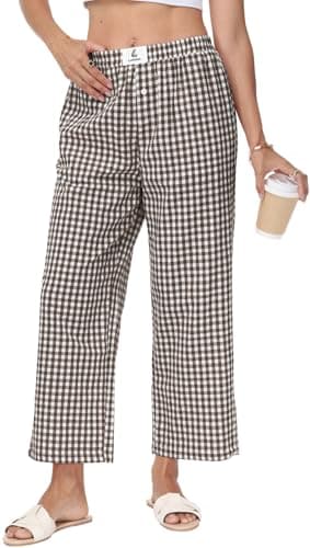 Lallabai 2026 Women Striped Gingham Palazzo Cropped Pants Lounge Boxer Pajama Pants Wide Leg PJ Bottoms Trousers with Pockets - Image 1
