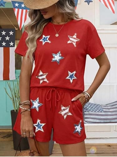 MYHALF 4th of July Sets for Women Sequin Star Graphic Shirt and Shorts Patriotic Outfits 2 Piece Short Sleeve Lounge Set - Thumbnail 3