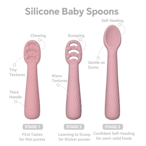 Baby Spoons Self-Feeding 6+ Months, 6 Pack Silicone Training Spoon Set for Baby Led Weaning, 3-Stage & Easy Grip First Utensils for Toddlers Learning Eating Essentials, Dishwasher Safe (Pink Rose) - Thumbnail 2