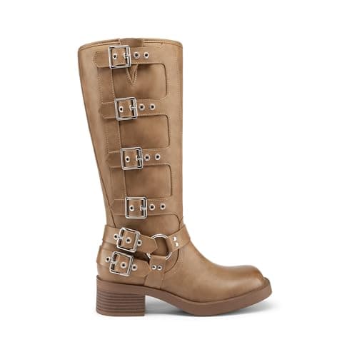 Athlefit Knee High Boots for Women Riding Fashion Buckle Square Toe Chunky Heel Wide Calf Biker Boots Camel Size 6 - Thumbnail 4