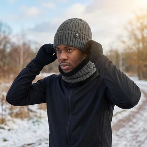 BSHITWO Year-Round Soft Thick Cotton Beanie & Neck Warmer Set for Men, Cozy Fleece-Lined Anti-Slip Daily Indoor Lounge Hat, Breathable All-Season Gift Set, Gray - Thumbnail 5