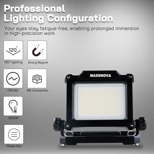 MASSNOVA 4000LM 25W Cordless Work Light with Tripod Stand, Super Bright, Compatible with Dewalt, Makita and Milwaukee 18-21V Power Battery, Brightness Adjustable, Flicker Free - Thumbnail 3