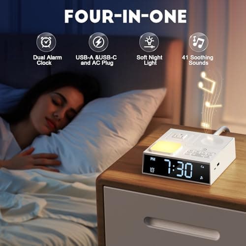White Noise Sound Machine with Dual Alarm Clock - Soft Night Light 41 Non Looping Sounds USB Port Charger 3 Timers Memory Function 31 Adjustable Volume Sleep Sound Machine for Adult & Home Bedroom - Thumbnail 2