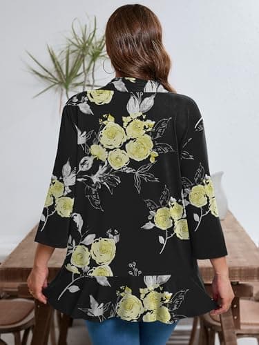 AusLook Women's Plus Size 3/4 Sleeve Lightweight Open Front Cardigan Black Golden Floral 2X Draped Ruffles Causal Cover Ups Shrugs Tops Shawls and Wraps Kimono Jacket Coat - Thumbnail 2