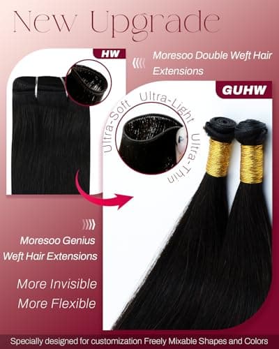 Moresoo Genius Weft Hair Extensions Human Hair, Natural Black Invisible Sew in Hair Extensions Real Human Hair, Salon Quality for Volume and Length 20 Inch 60g - Thumbnail 2