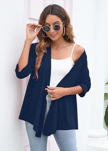 Heymoments Cardigan for Women Dark Blue Large Draped Open-Front 3/4 Sleeve Lightweight Casual Soft Drape Summer Fall Kimonos Cardigans - Thumbnail 2