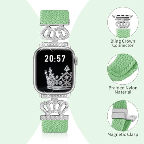 Chinber Braided Band Compatible with Apple Watch Bands 40mm 38mm 41mm 42mm 44mm 45mm 46mm 49mm,Magnetic Soft Nylon Stretchy Strap with Designer Bling Crown Strap for Series 10/9/8/7/6/5/4/3/2/SE/Ultra - Thumbnail 3