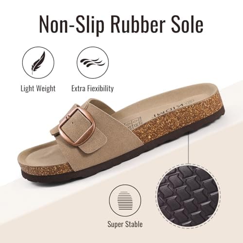 KIDMI Genuine Suede Cork Footbed Sandals for Women Comfortable Summer Slides with Buckle, Apricot 38 - Thumbnail 5
