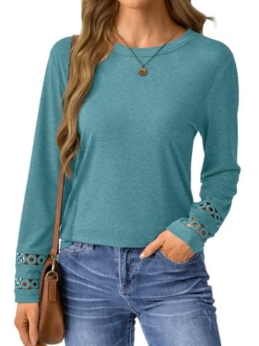 GKBK Womens Long Sleeve Tops Business Dressy Casual Blouses Crew Neck Loose Fit Lightweight T Shirts Cute Work Tee Ladies Tunic 2025 Fall Winter Fashion Clothes Trendy Outfits Cyan M - Thumbnail 5