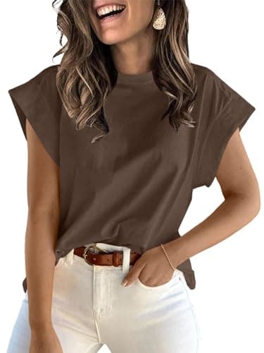 ZDC Women's Cap Sleeve Tank Tops 2026 Summer Crew Neck T Shirts Basic Loose Fit Solid Tee Coffee - Image 1