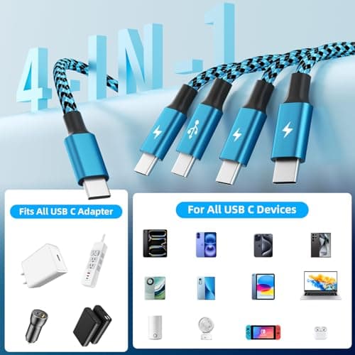 Travle USB C 4 in 1 Charging Cords,FourType C Ports Mulit Charging Cable, Universal Charging Cables for All Devices,Travle Charger Cord for iPhone Series/Samsung/Tablets/PS,Blue - Thumbnail 2