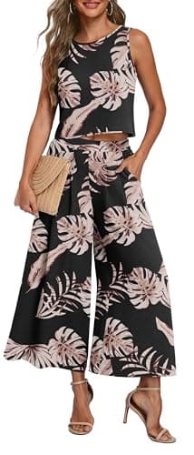 Lepunuo Women Summer Two Piece Outfits Sleeveless Tank Crop Top and Casual Wide Leg Pants Summer Trendy Clothes - Image 1