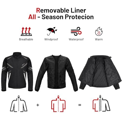 RKV86 Mens Motorcycle Jacket with Detachable Thermal Liner & Knee Pads CE Armored Riding Jacket Water-Repellent Windproof for All Season (Black-Grey 2XL) - Thumbnail 6