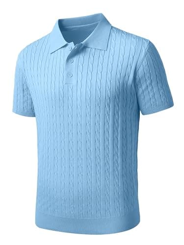 JEMLDL Men's Blue Casual Short Sleeve Textured Knit Polo Shirt – Summer Beach Vacation Fashion Tops - Image 1