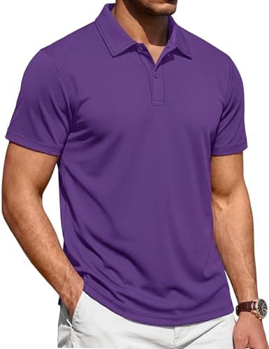 Cotrasen Mens Polo Shirt Short Sleeve 2 Buttons Cotton Pique Polo Summer Fashion Golf Basic Collared Shirts Purple M - Image 1