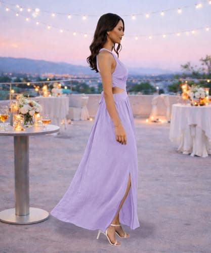 ABKY Women's Sexy Sleeveless Halter Neck Dress Criss Cross Tie Back Split Maxi Dresses Summer Beach Vacation Dress Light Purple S - Thumbnail 6
