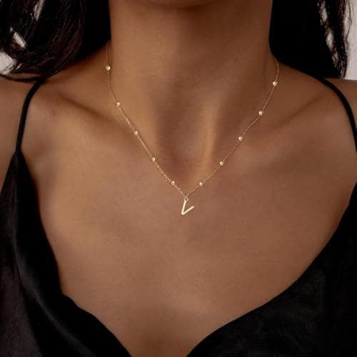KISSCLOUD Initial Necklaces for Women 14K Gold Plated Dainty Letter Charm Necklace Personalized Name Pendant Bead Chain V Necklace Non Tarnish Trendy Jewelry Gift - Thumbnail 2