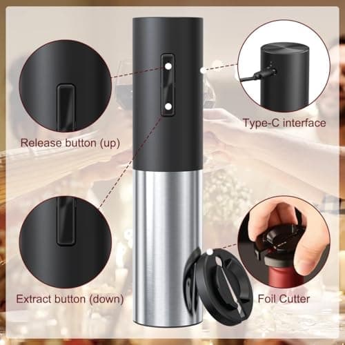 Electric Wine Opener Rechargeable, Automatic Wine Bottle Openers with Foil Cutter and USB Cable, Gift Wine Corkscrew for Home Kitchen Party Bar - Stainless Steel, One-click Button - Thumbnail 6