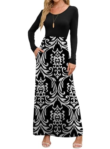 DEARCASE Maxi Dress for Women Black White Small Round Neck Boho Long Sleeves Teacher A-line Casual Hawaiian Empire Waist Flowy Party Vintage Spring Fall Winter Floor Dresses with Pocket - Image 1