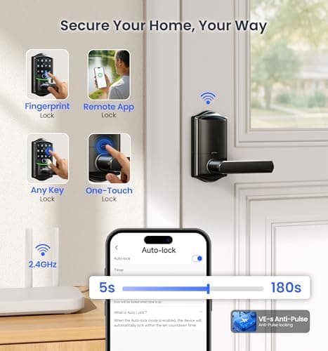 Veise VE029 WiFi Smart Lever Lock, Fingerprint Keyless Entry Door Lock with Handle, Built-in WiFi, Remote App Control, Electronic Digital Knob for Front Door and Bedroom, IP65 Waterproof, Matte Black - Thumbnail 6