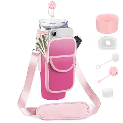 BOCMTR Water Bottle Holder with Strap for Stanley 30/40 oz Tumbler, Fashion Stanley Cup Bag with Big Phone Pocket, Silicone Boot, Straw Cover & Leak Proof Stoppers (Gradient Pink)