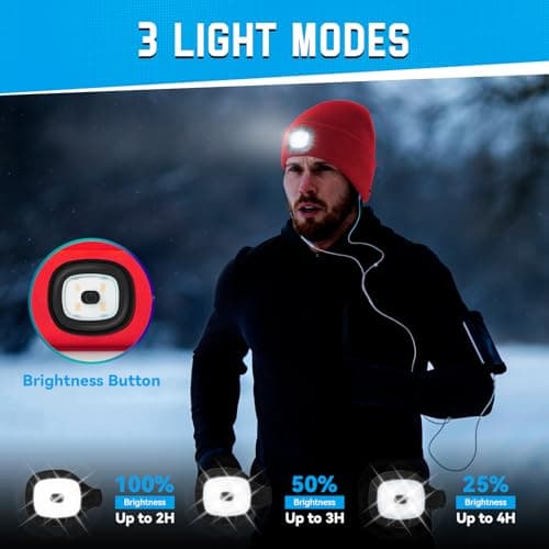 FFIPBGE Beanie Hats with Light, USB Rechargeable LED Hand Free Headlamp, Ideal for Camping, Hiking, Mens Gifts, Birthday Gifts for Men, Women, Dad, Him, Husband, Adventurer, 1 Pack, Red - Thumbnail 3