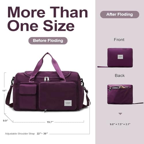 WOOMADA Foldable Travel Duffel Bag with Shoes Compartment, Overnight Bag with Wet Pocket & Trolley Sleeve, Weekender Bags for Women (purple) - Thumbnail 2