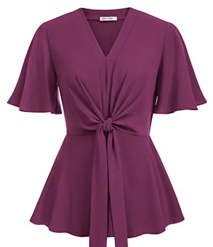 Womens Dark Rose Red Peplum Tops V Neck Bell Sleeve Tops Tie Front Elegant Blouse 2XL - Image 1