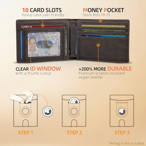 RUNBOX AirTag-Wallet-Mens-Slim-RFID Blocking Wallets Leather with Bill Compartment Air Tag Bifold Card Holder Wallet Gifts for Men Dad - Thumbnail 2
