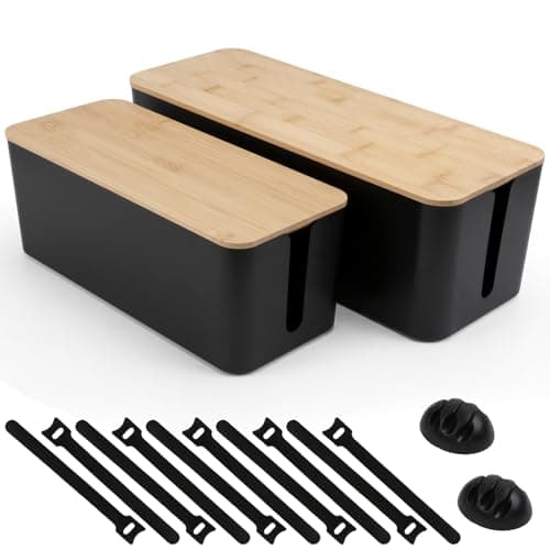 2 Pack Cable Management Box - Cord Organizer Box with Wooden Lid for TV Wires, Power Strips, Router, USB Hub & Under Desk Power: Baby & Pet Proof Cord Management, Cord Hider for Home & Office(Black) - Image 1