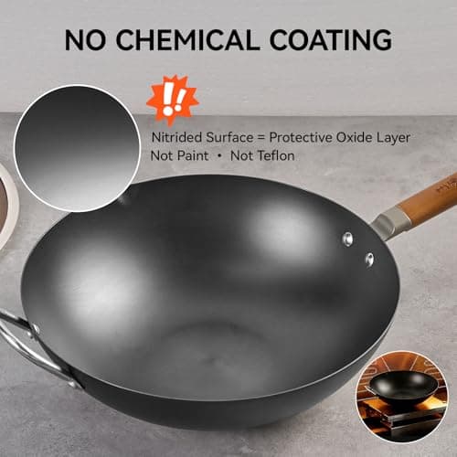 WANGYUANJI Carbon Steel Wok 14.2", Large Nitriding Flat Bottom Stir Fry Pan with Lid, No Chemical Coating Rust Resistant Iron Skillet for Induction Electric Gas Stoves, Big Capacity Serves 6+ - Thumbnail 4