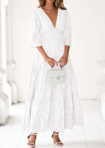 Lazysmile Long Sleeve Dresses for Women V Neck Hollow Out Eyelet Ruffle Swing A-Line Fall Vacation Boho Maxi Dress White - Thumbnail 3