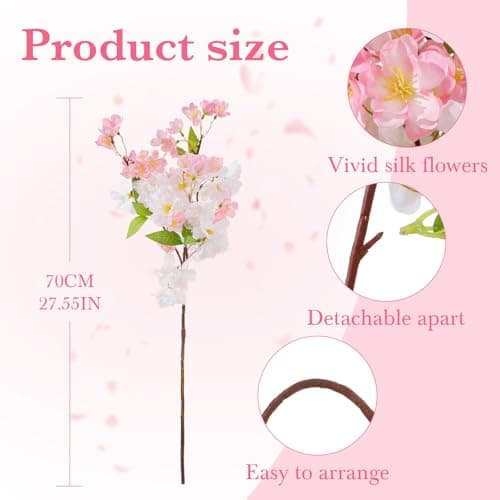 4 Pcs Artificial Cherry Blossom Branches, 27.6" Tall Artificial Silk Flowers Long Stem for Tall Vase, Realistic Fake Cherry Blossom Spring Decorations for Home Office Wedding Table Centerpiece Decor - Thumbnail 2