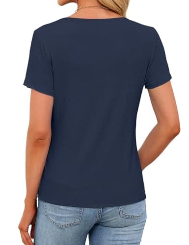 Henley Shirts for Women Ribbed Short Sleeve Tops Button Up Scoop Neck Tops Summer 2026 Casual Slim Fitted Tops Basic Blouse (Navy Blue, Large) - Thumbnail 5