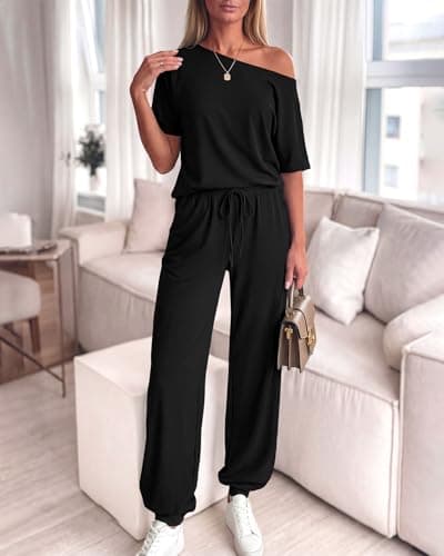 Zenlonr Women Summer 2 Piece Outfits 2026 Off Shoulder Short Sleeve Tops Elastic Waist Drawstring Long Pants Tracksuit(Black,X-Large) - Thumbnail 2