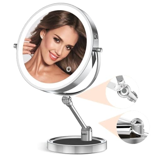 Rocollos 9" Large Lighted Makeup Mirror with 1X/10X Magnification, 4000mAh Rechargeable Vanity Mirror with Height Adjustable & 3 Color Dimmable Lights (9 Inch Chrome)