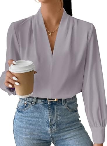 EVALESS Women Blouse Work Interview Long Sleeve Blouse for Women Dressy Casual Summer Tops Womens Business Outfits Ladies Elegant V Office Neck Work Dress Clothing D Grey X-Large - Image 1