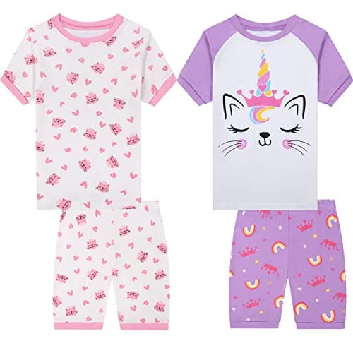 Joyond Girls Pajamas Size 4T Summer Pjs For Girls Cotton 4 Pieces Snug-Fit Sleepwear Kids Short Sleeves Set