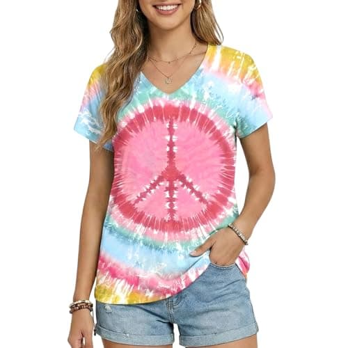 Women Hippie Shirt 60s 70s Peace Love Graphic Tie Dye V-Neck Tshirt Vintage Hippie Style Tee Tops - Image 1